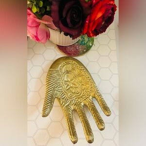 Gold Toned Hamsa Fatima Henna Hand Cast Iron Jewelry Incense Tray